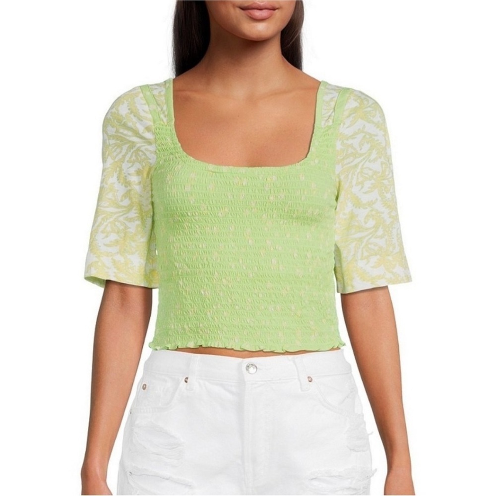 NWT Free People Marigold Smocked Square Neck Floral Top Key Lime Sz XS or Large